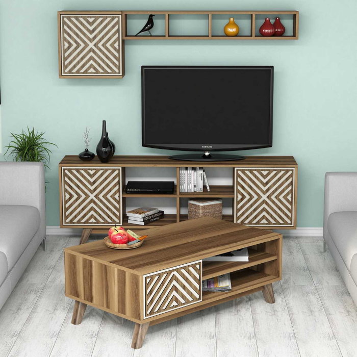 Hanah Home Conjunto de muebles de salón chevron Nogal y crema Hanah Home Conjunto de muebles de salón chevron Nogal y crema